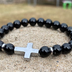 The I N S P I R E Collection Black Tourmaline Hematite Cross Charm Bracelet - HEALING - MALA - BRACELET