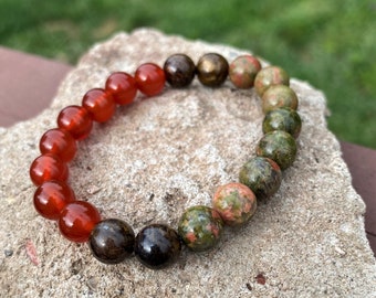 Unakite Carnelian Bronzite Creativity Balance and Grounding Bracelet  HEALING - MALA - BRACELET