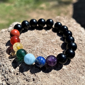 Black Obsidian Seven Chakras  Bracelet   HEALING - MALA - BRACELET