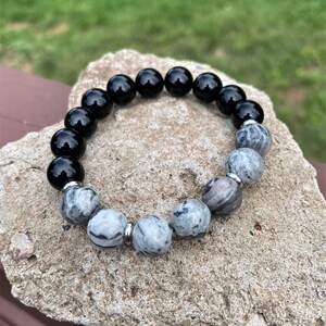 Schwarzer Turmalin und Landkartenstein Jaspis - Glück, Selbstkraft und Schutz Armband HEILUNG - MALA - ARMBAND