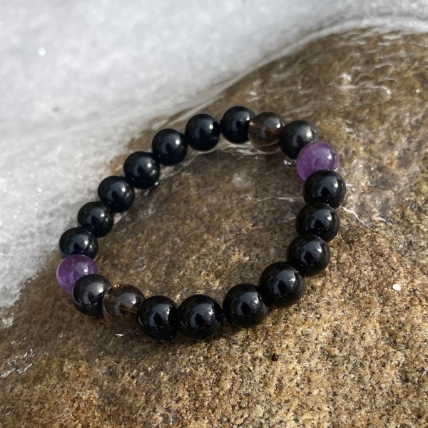 Onyx Noir Obsidienne Noire Améthyste Smoky Quartz Shungite Mise à la terre Balance Uplifting EMF Aura Protection Bracelet - HEALING - MALA