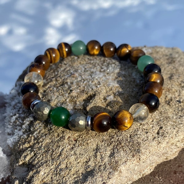 Pyrite Tiger’s Eye Citrine Green Aventurine Green Jade Success Creativity Motivation Confidence Positivity Anxiety&Prosperity Bracelet-MALA