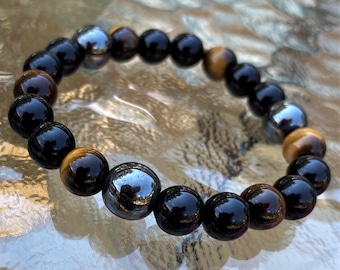 Tiger's Eye Hematite Obsidian Triple Protection Bracelet 6mm  HEALING - MALA - BRACELET