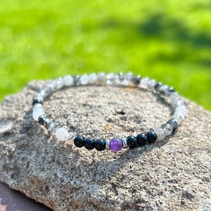 Black Tourmaline Amethyst and Black Tourmaline Rutilated Quartz - Protection and Aura Illuminating Cleansing Bracelet (4mm)