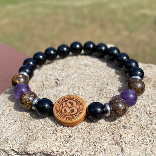 Black Onyx Amethyst Bronzite OHM Charm Spiritual Healing Purification Transformation Protection Universal Balance Bracelet - HEALING - MALA