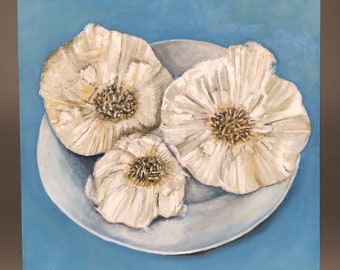 Three cloves of Garlic. Oil painting on wood, shellac on sides and cradle for hanging. Lovely for any kitchen. 6"w x 6"H x 2"D