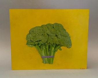 Broccoli original painting, hand made still- life, one of a kind, oil on wood, cradle in back, shellac on sides,  11"Hx14"Wx2"D