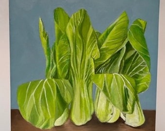 Bok choy,original painting, oil on wood, vegetable still life, hand painted,bok choy on table, shellac on sides, cradle in back,5"x5"x1"