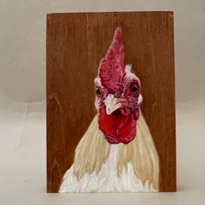 Silver Duck-wing Old English Bantam rooster, small rooster portrait, oil on wood with shellac,painted on sides, cradle in back, 7&quot;Hx5&quot;Wx1&quot;D
