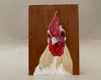 Silver Duck-wing Old English Bantam rooster, small rooster portrait, oil on wood with shellac,painted on sides, cradle in back, 7"Hx5"Wx1"D