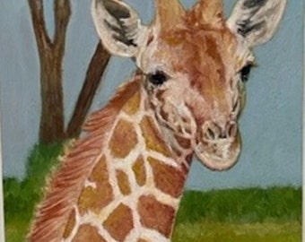 Young giraffe,hand painted original animal art, oil on wood, shellac on sides, cradle in back, giraffe in wild,lovely wall art, 6"Hx4"Wx1"D