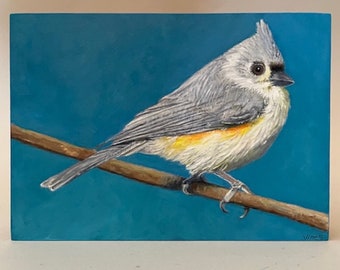 Brightly painted Tufted titmouse on branch,original painting,oil on wood,hand painted,shellac finish on all sides,cradle in back,7"Lx5"Hx1"D