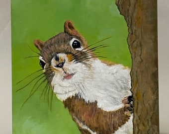 Squirrel Painting: Original Wildlife Oil on Wood (5&quot;x5&quot;x1&quot;)