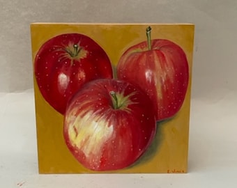 Hand painted delicious apples, oil on wood, shellac on sides, cradle in back, hang in kitchen, beautiful fruit painting, fun art,8"Hx8"Lx2"D