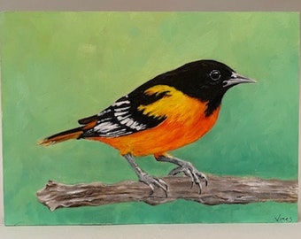 Hand painted original Baltimore Oriole bird portrait, oil on wood,shellac on all sides,cradle in back,ready to hang in your home,7"Lx5"Hx1"D