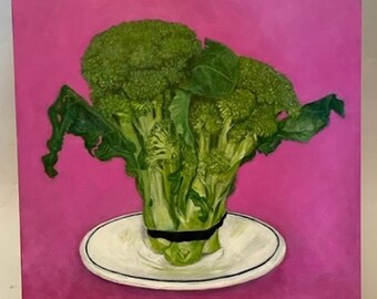 Broccoli still life balanced on plate, bright colors, original art, hand painting, shellac on sides, cradle in back, 10"Wx10"Hx1"D