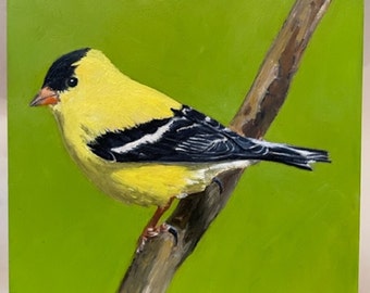 American goldfinch, small original bird painting, oil on wood,hand painted,bright art,shellac on sides, cradle in back to hang,5"Hx 5"xWx1"D