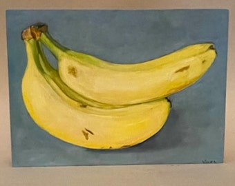 Banana still life original bright oil on wood painting, hand made on smooth wood surface, cradle in back, shellac on sides,7"wx 5"Hx1"D