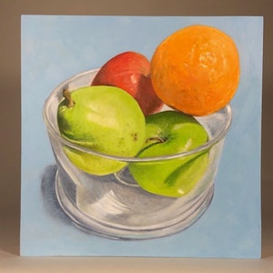Fruit Still Life in Glass Bowl. Fruit art oil painting on wood with shellac on sides and ready to hang in the dining area.