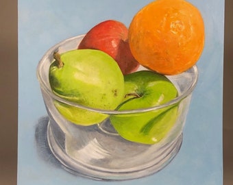 Fruit Still Life in Glass Bowl. Fruit art oil painting on wood with shellac on sides and ready to hang in the dining area.