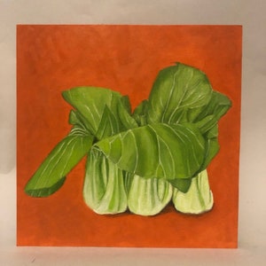 Bok Choy vegetable art, food art, wall decor of veggies,Original art, shellac finish on sides, cradle in back to hang, 8&quot;x8&quot;x1&quot;, oil paint