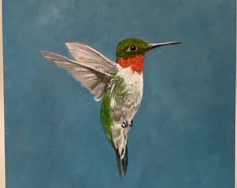 Ruby-throated hummingbird original hand-made painting, oil on wood, shellac on sides, cradle in back, colorful home decor,6"H x 6"W x 1"D