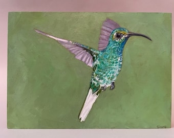 White-tail Hummingbird, Sawbrewing hummingbird,original oil painting, bird art, shellac  finish on sides, cradle in back to hang,5"Hx7"Wx1"D