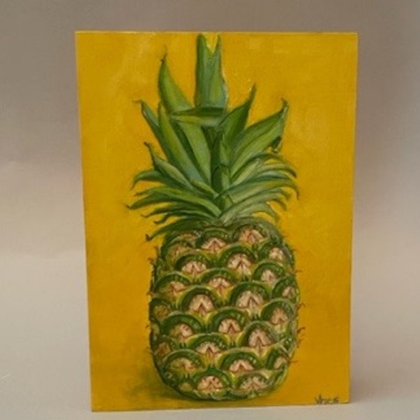 Pineapple painting Still life art,  oil on wood,Shellac sides with cradle in back ready to hang lovely bright fruit art. 5"W x 7"H x 2"D