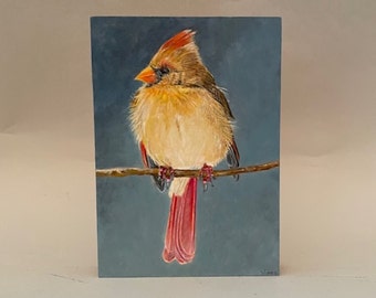 Female Cardinal on branch original painting oil on wood, bright,colorful bird portrait, shellac on sides,cradle in the back, 5"Wx7"Hx1"D