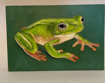 American green tree frog, original  bright oil on wood painting of frog, shellac on sides, cradle in back, ready to hang in home,6"Wx4"Hx1"D