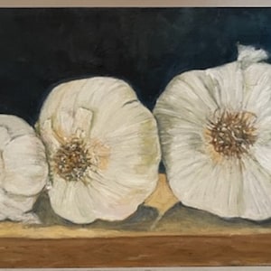 Garlic painting oil on wood, three garlic on shelf still life painting, shellac on sides and cradle in back, no frame needed,6&quot;Lx4&quot;Wx1&quot;D