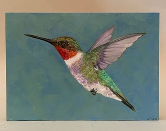Ruby -throated hummingbird original hand painting, oil on wood panel with cradle in back, shellac on sides, ready to hang, 7"Wx5"Hx1"D