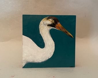 Whooping crane oil painting, original painting of whooping crane,handmade painting,oil on wood, shellac on sides, cradle in back,6"Hx6"Wx1"D