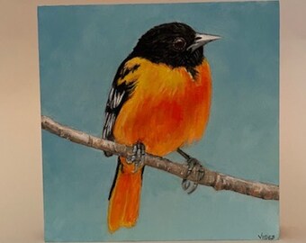 Baltimore Oriole on a branch painting, oil on wood, painted by hand,bright colors, shellac on sides, cradle in back,easy to hang,5"Hx5"Wx1"D