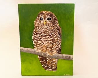 Spotted Owl,original oil painting on wood, bird painting, owl on branch, shellac on sides, cradle in back, no frame needed,8"Hx6"Wx1"D