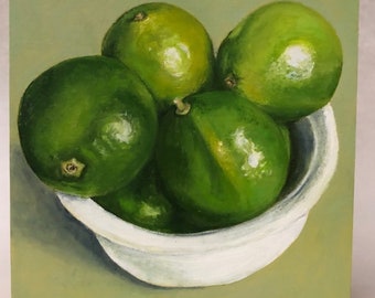 Limes. Still life, wall art, oil on wood, shellac finish on sides, cradle on back ready to hang, bright fruit art. 6&quot; x 6&quot; x 2&quot;