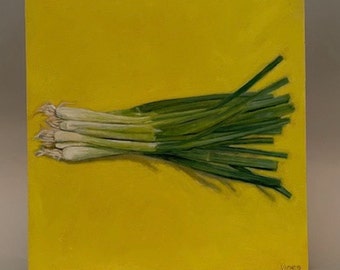 Brightly  painted still life of scallions, hand made art oil on wood, cradle in back, shellac on sides, kitchen art for home,10"Hx10"Wx1"D