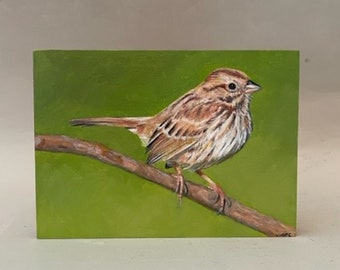 Song sparrow, original bird painting, hand painted oil on wood, shellac on sides, cradle in back no frame needed,bright colors 5"Hx7"Lx1"D