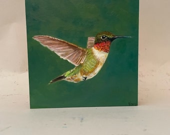 Ruby-throated Hummingbird Oil Painting on Birch Wood (5&quot;Hx5&quot;Wx1&quot;D)