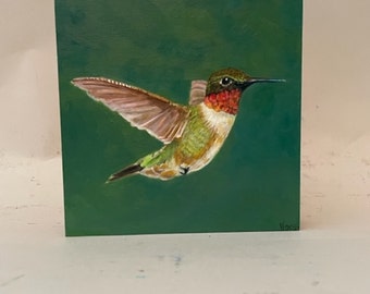 Beautiful Ruby-throated Hummingbird painting, oil on smooth birch wood panel, cradle in back to hang, shellac finish on sides, 5"H x5"W x1"D