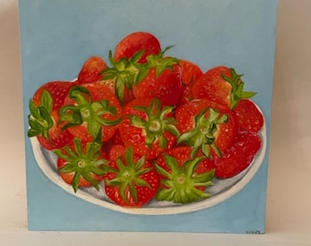 Strawberries on plate painting,original oil on wood fruit still life,in kitchen, shellac on sides with cradle in back to hang,10"Hx10"Wx1"D,