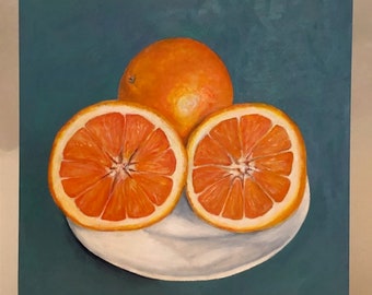 Oranges. Citrus art, fruit art still-life painting. Kitchen art. Oil on wood, shellac on sides, cradle in back to hang 8"x8"x1"