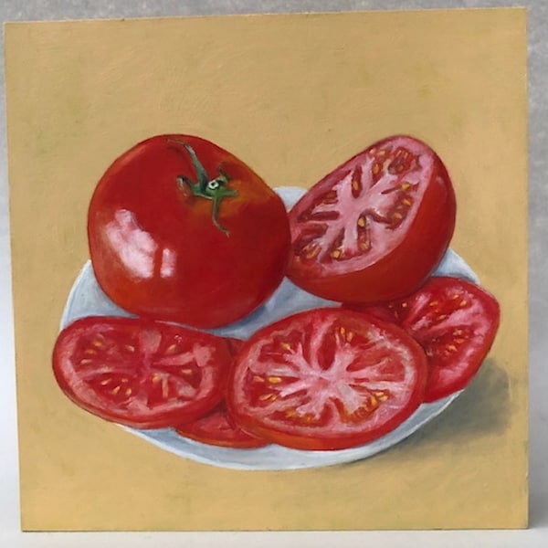 Tomatoes. wall art,Oil on wood, shellac finish on sides and cradle in back ready to hang, vegetable art in any kitchen. 8' x 8" x 2"