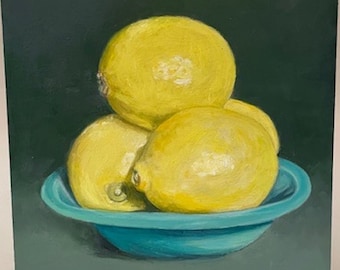 Yellow lemons in blue bowl still life,original citrus fruit art oil on wood,cradle in back,shellac on all sides, kitchen art,5"Lx5"Wx1"D
