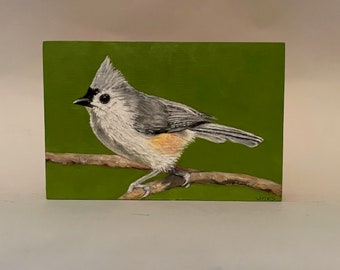Bird art,Tufted titmouse on branch,oil on wood, cradle in back, shellac on sides,lovely to hang in the home,6"Lx4"Hx1"D