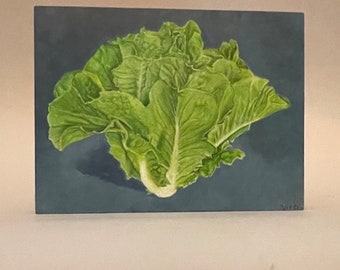 Romaine lettuce bright colors still life, hand painted original art oil on wood, shellac finish on sides,cradle in back veg art 8x"Wx6"Lx1"D