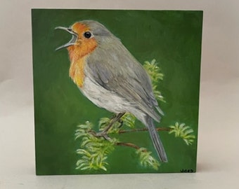 European robin, painting robin redbreast.small original painting, oil on wood, shellac on sides, cradle in back, no frame, 5"Hx5"Wx1"D