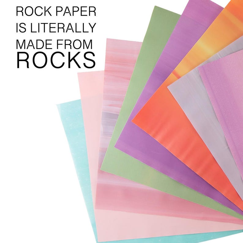 May include: A stack of colourful paper sheets with a subtle marbled pattern. The text "ROCK PAPER IS LITERALLY MADE FROM ROCKS" is visible at the top of the image.