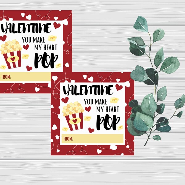 Popcorn Printable Valentine Card, Popcorn Valentine Card, Popcorn Gift Tag, Popcorn, Kids Valentine Card, Cute Vday Card, Instant Download