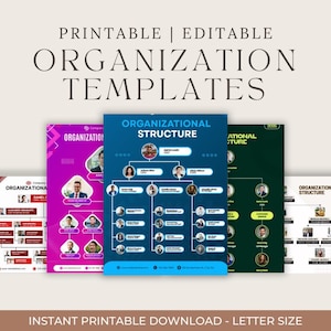 May include: A selection of printable and editable organisation templates. The templates feature organisational structure charts in various colours, including blue, purple, and green. The text on the templates reads "Organisational Structure" and "Instant Printable Download - Letter Size."